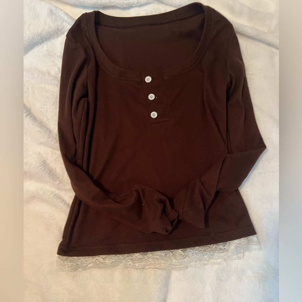 Dark Brown Long Sleeve Top Lace XS - Picture 1 of 3